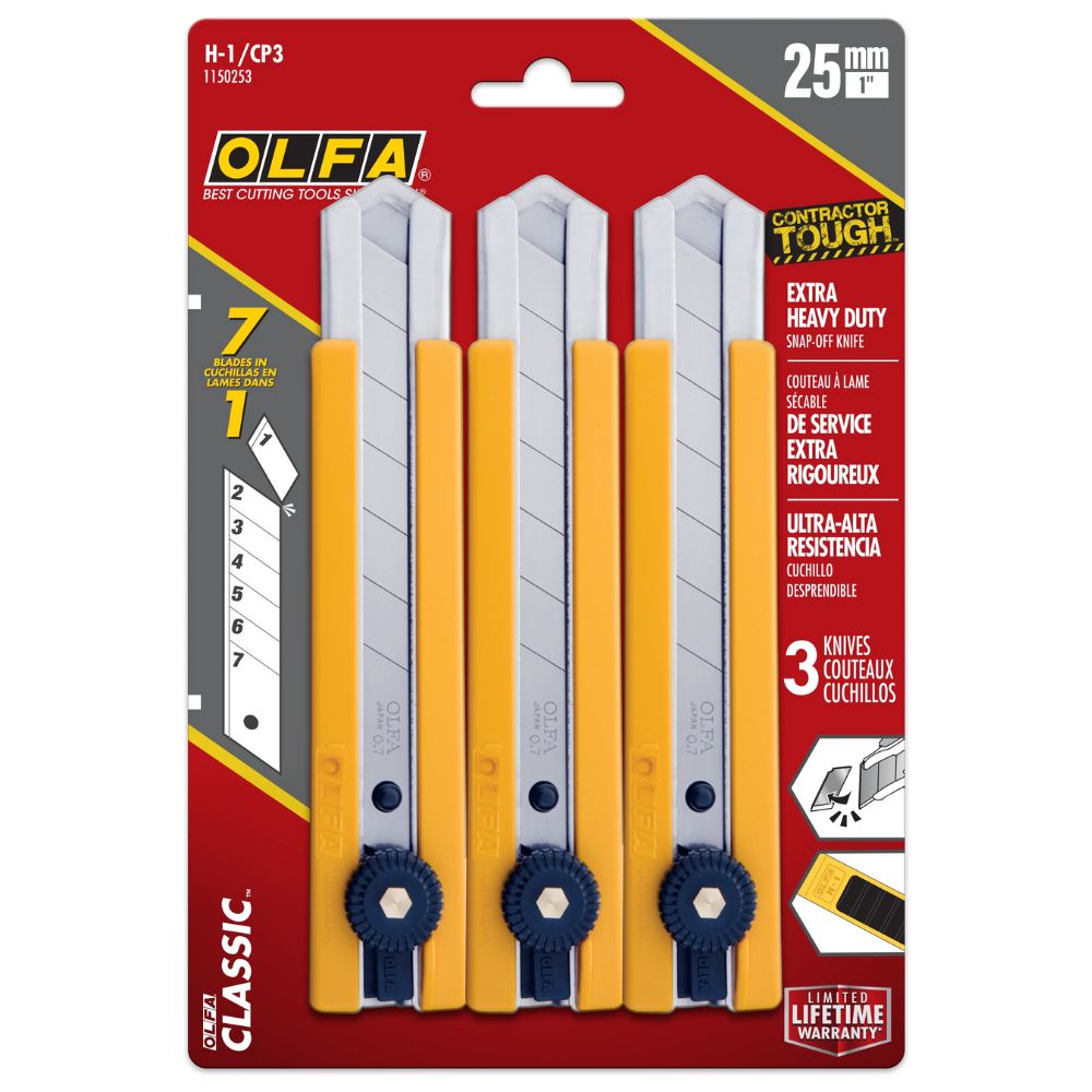 OLFA H-1-CP3 Heavy-Duty Anti-Slip Grip Utility Knife 3-Pack